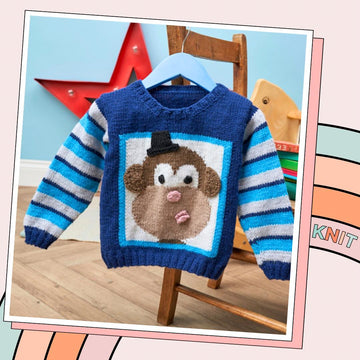 Rascal, Kids Monkey Motif Jumper, Fun Monkey Sweater Knitting Pattern