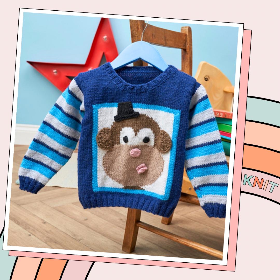 Rascal, Kids Monkey Motif Jumper, Fun Monkey Sweater Knitting Pattern