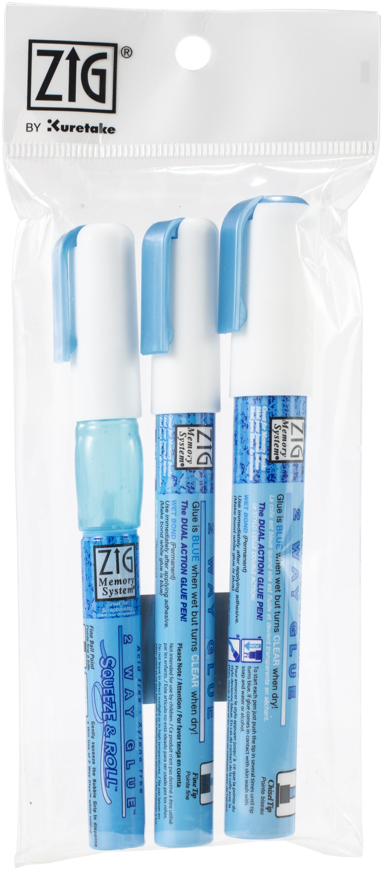 Zig W-Way Glue Pen 3/Pkg - Squeeze & Roll, Fine Tip And Chisel Tip