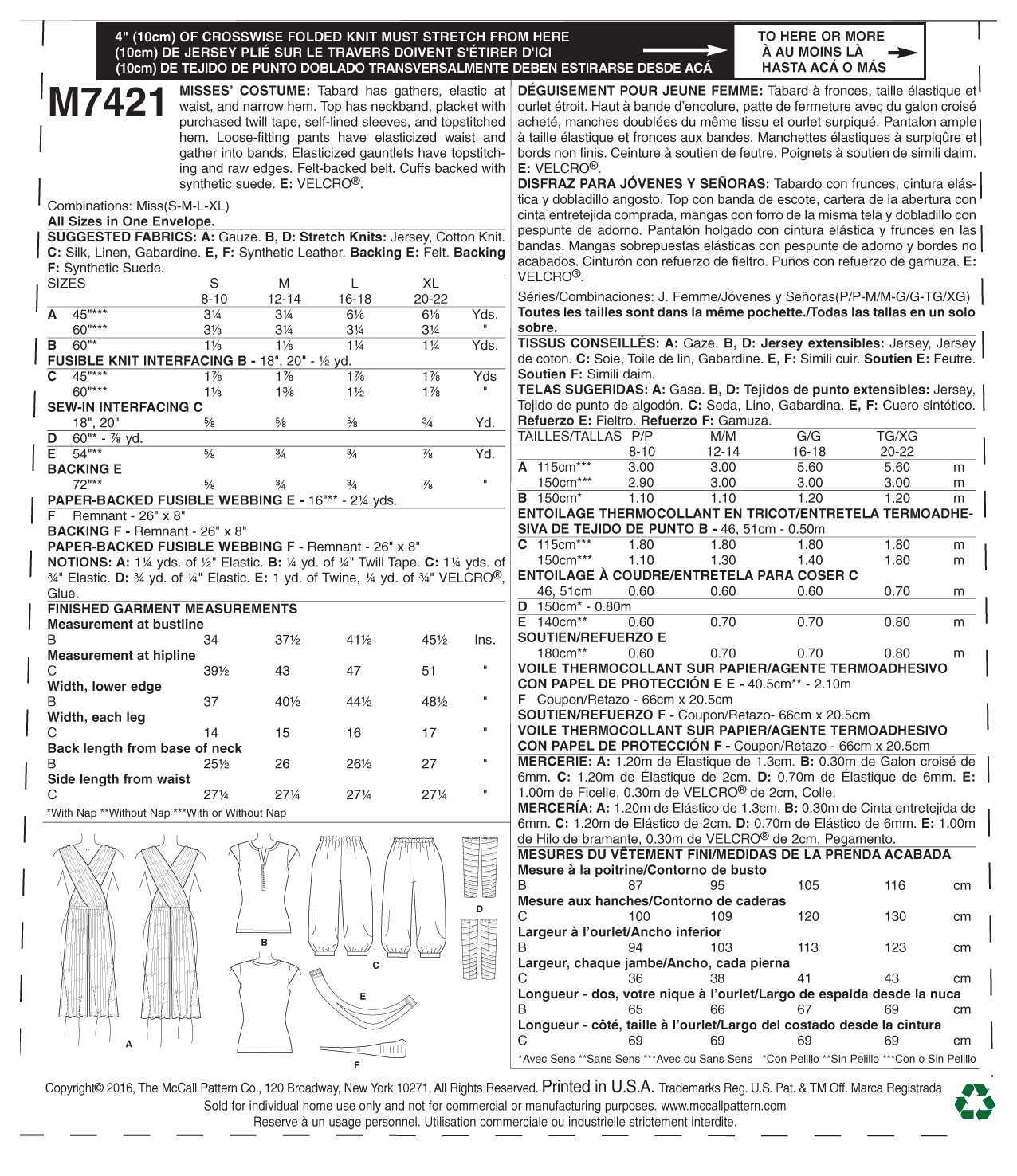 McCall's Misses' Costume M7421 - Sewing Pattern