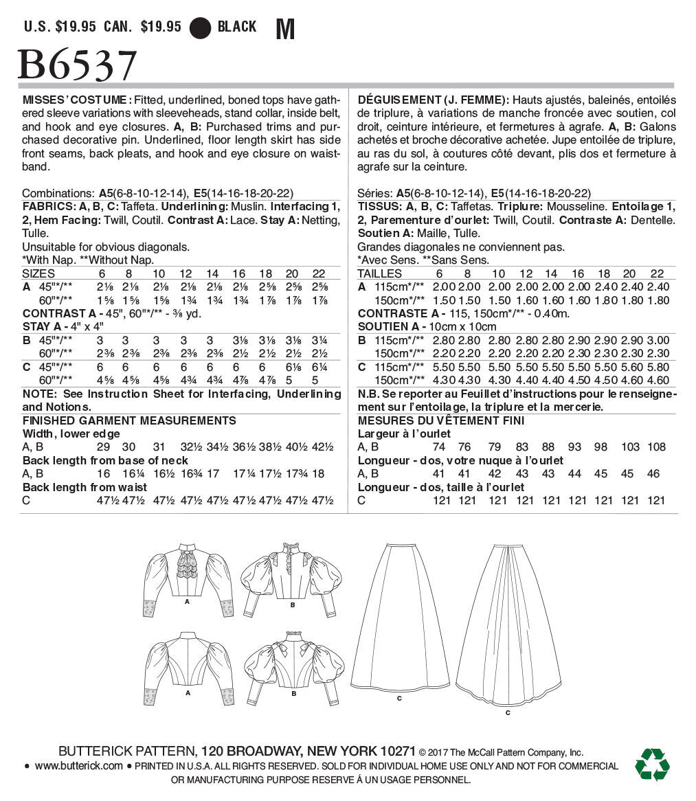 Butterick Misses' Costume B6537 - Sewing Pattern