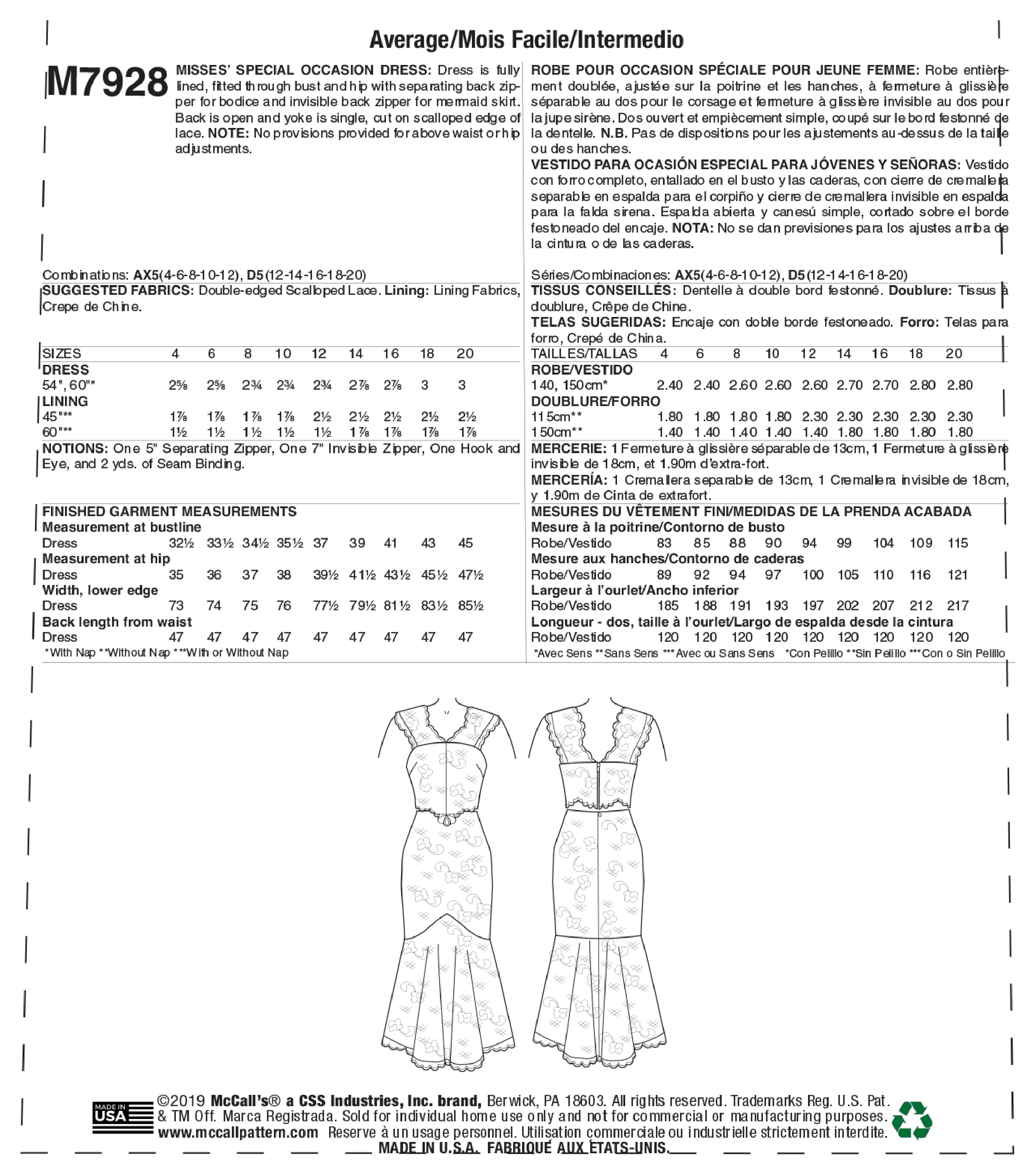 McCall's Misses' Special Occasion Dress M7928 - Sewing Pattern