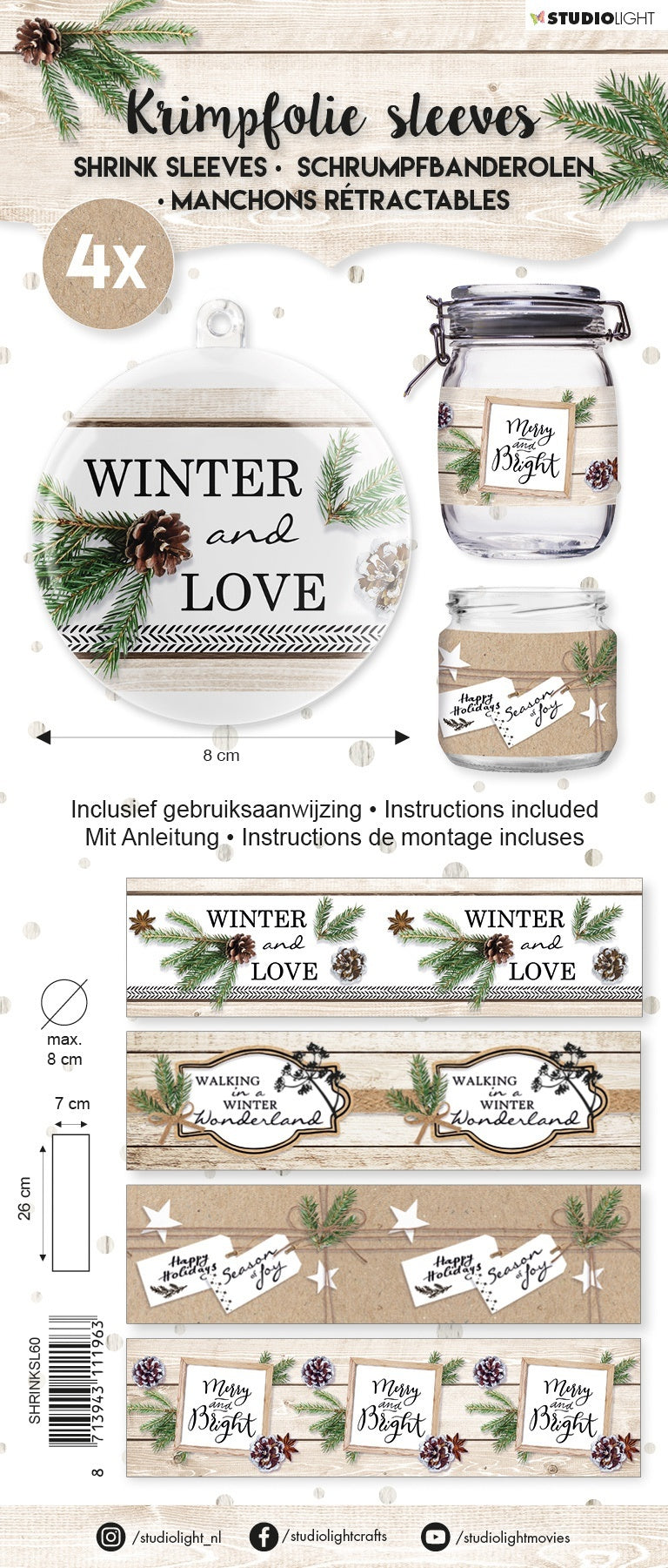 Studio Light Shrink Sleeves 10.25"X2.75" 4/Pkg - Handlettering Winter & Love, 4 Designs