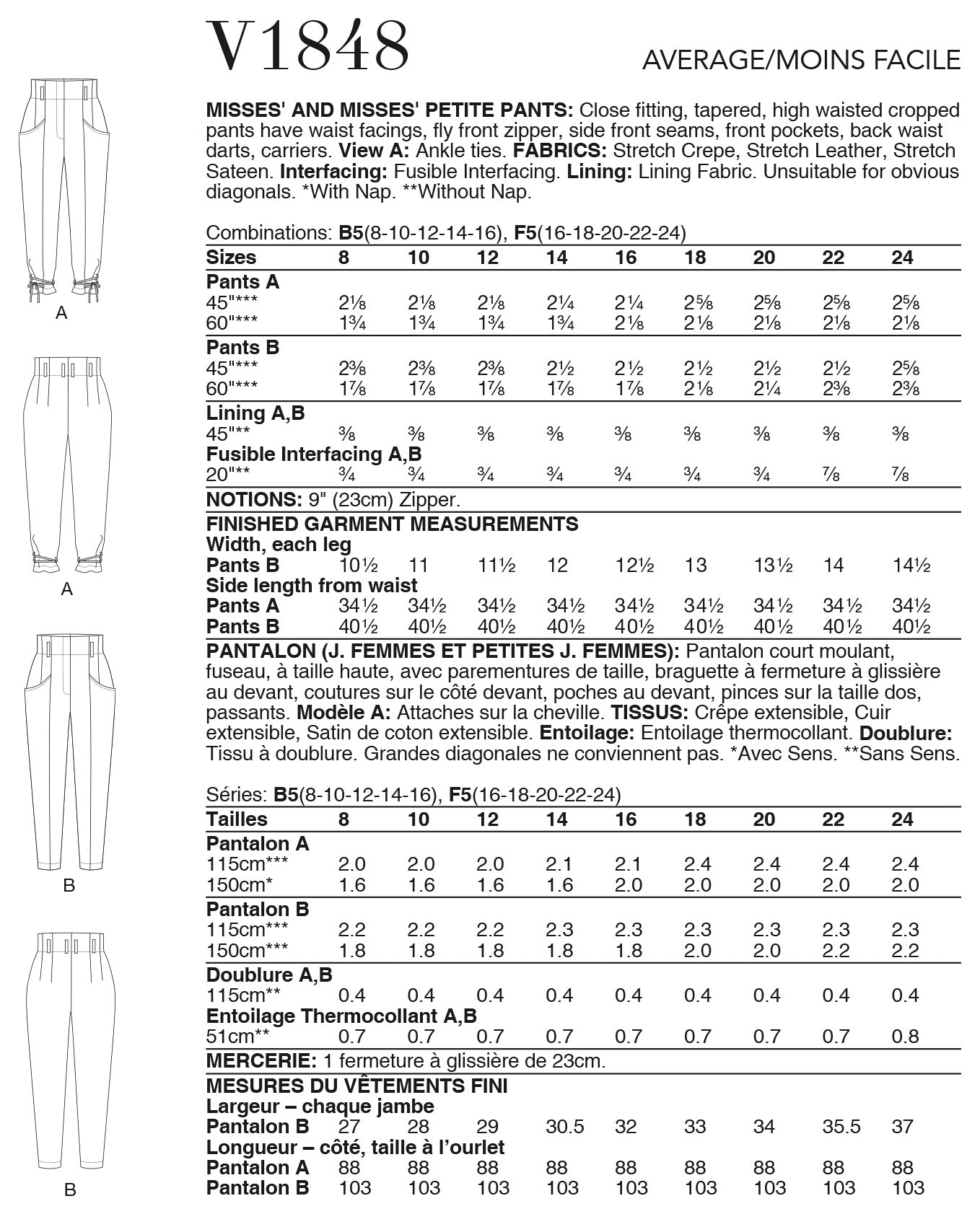 Vogue Misses' and Misses' Petite Pants V1848 - Sewing Pattern