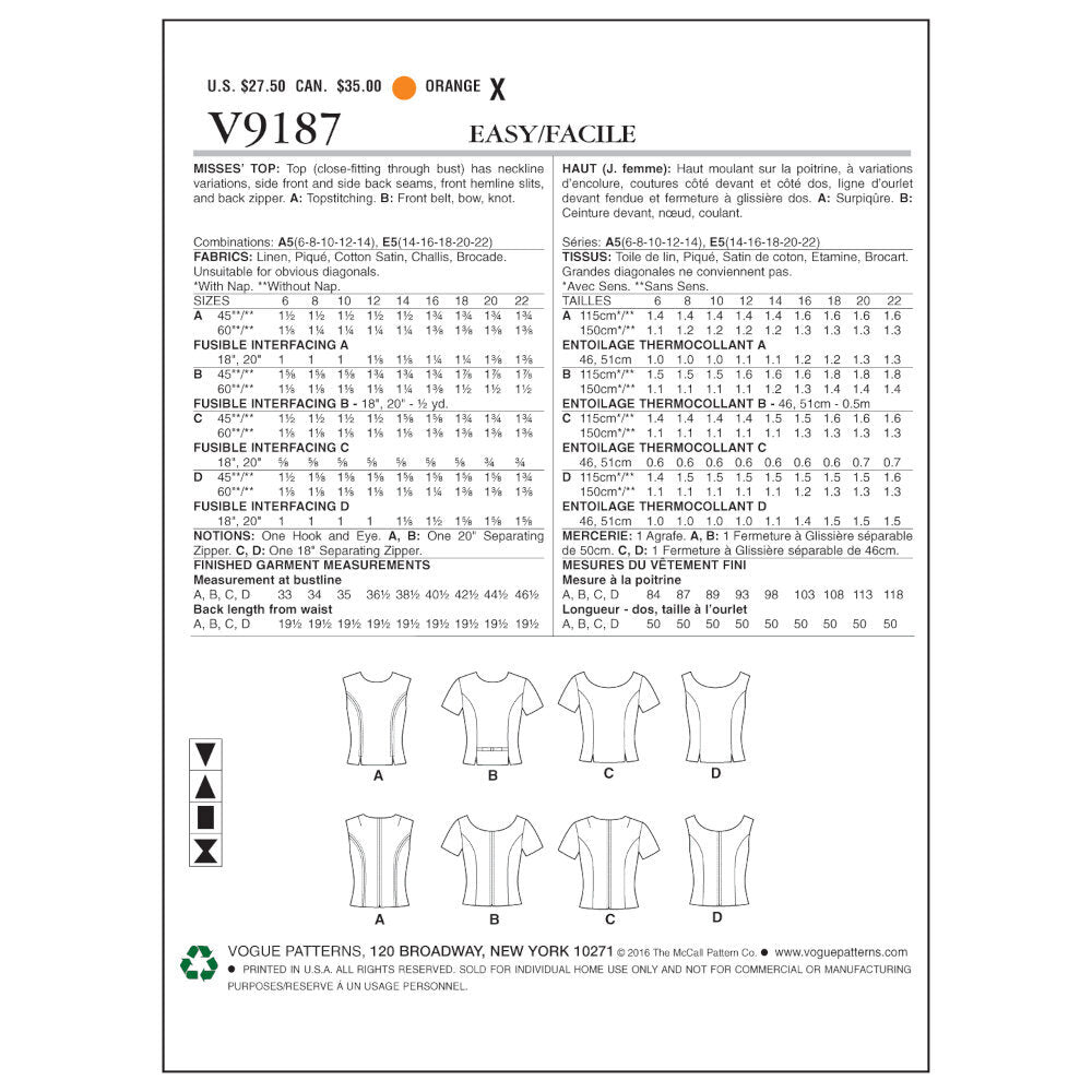 Vogue Misses' Jewel or Scoop-Neck, Princess-Seam Tops V9187 - Sewing Pattern