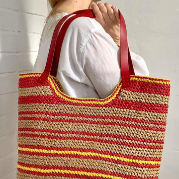 Crochet Raffia Beach Bag Pattern, Striped Tote with Leather Handles