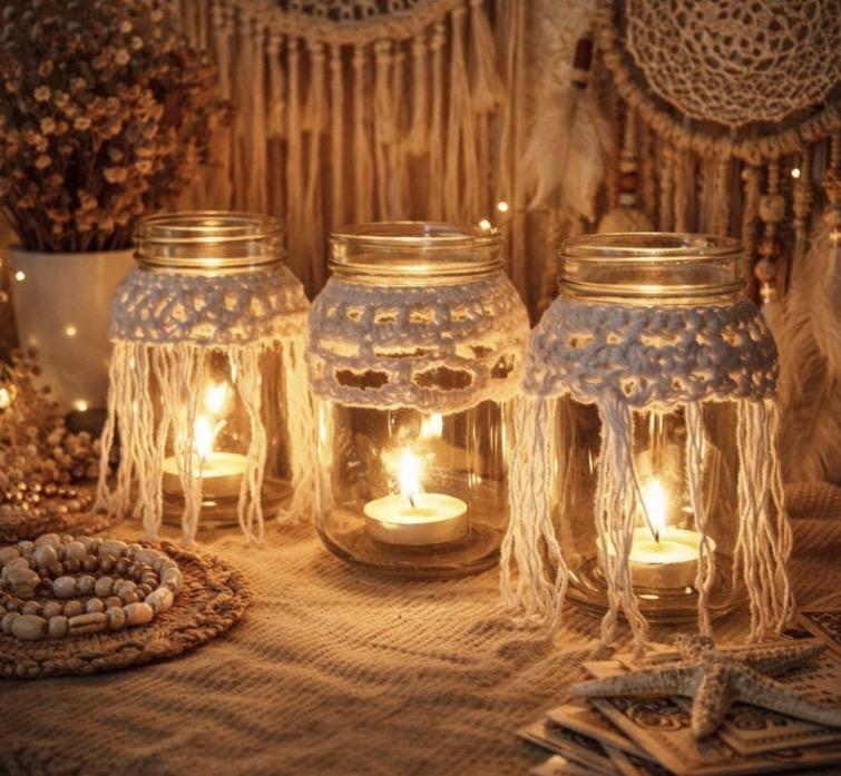 Crochet Boho Candle Cozy Trio