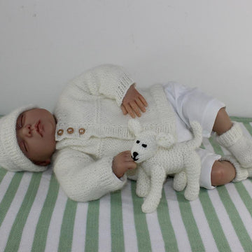 New Baby Matinee Coat, Booties Beanie and Toy Lamb