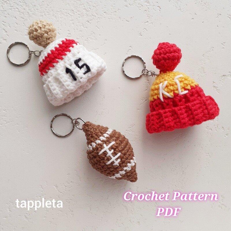 Football fan Kansas City keychains crochet pattern Chiefs mini hat crochet Red striped beanie hat Football crochet keyring Super bowl favors