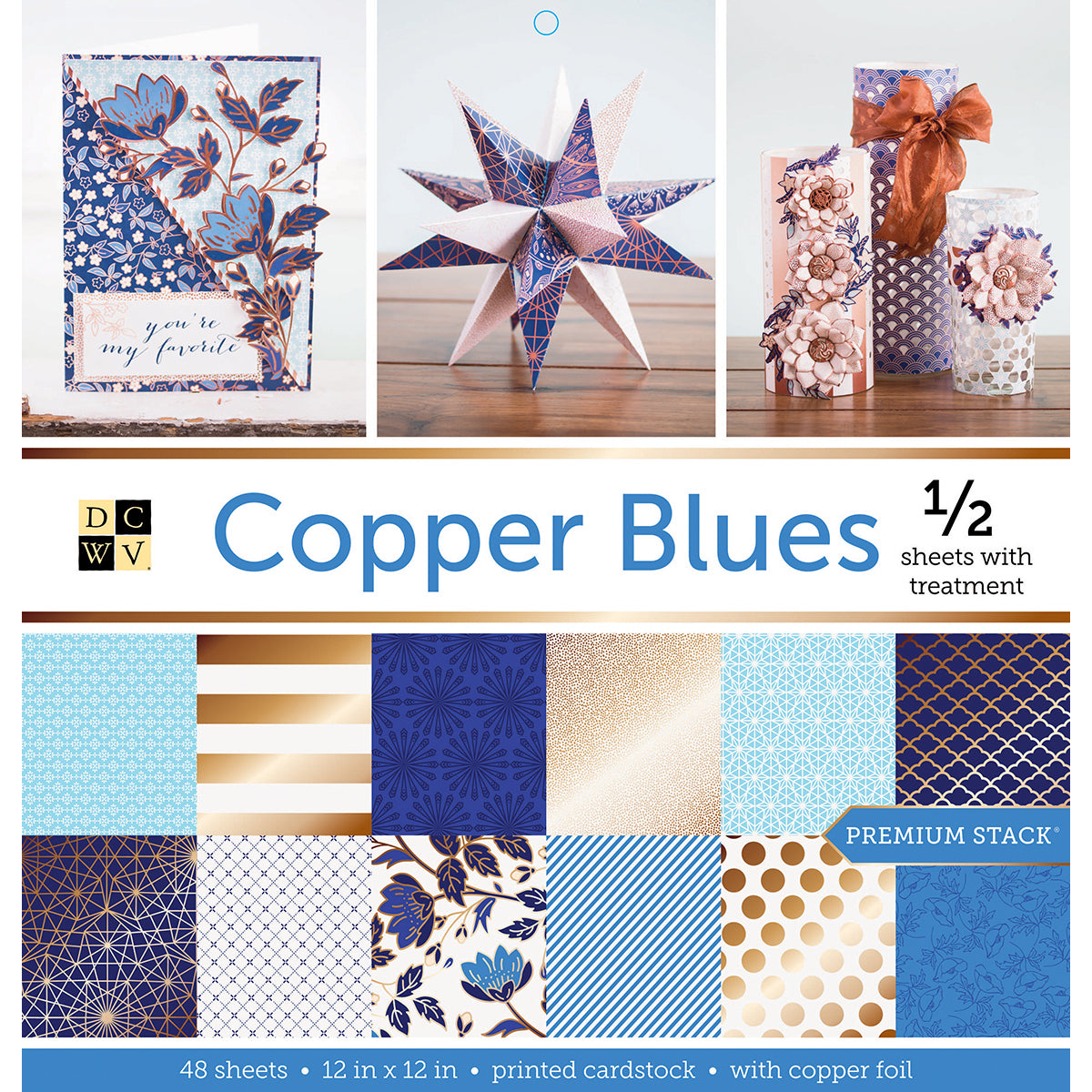 American Crafts DCWV Single-Sided Cardstock Stack 12"X12" 48/Pkg - Copper Blues, 24 Des/2 Each, 12 W/Foil