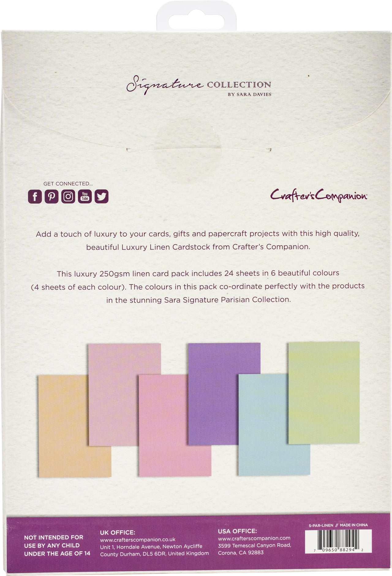 Crafter's Companion Parisian Luxury Linen Cardstock 250gsm A4 24/Pkg - 6 Colors/4 Each