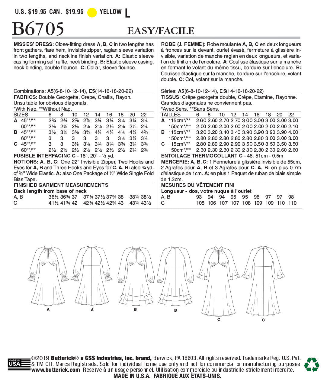 Butterick Misses' Dress B6705 - Sewing Pattern