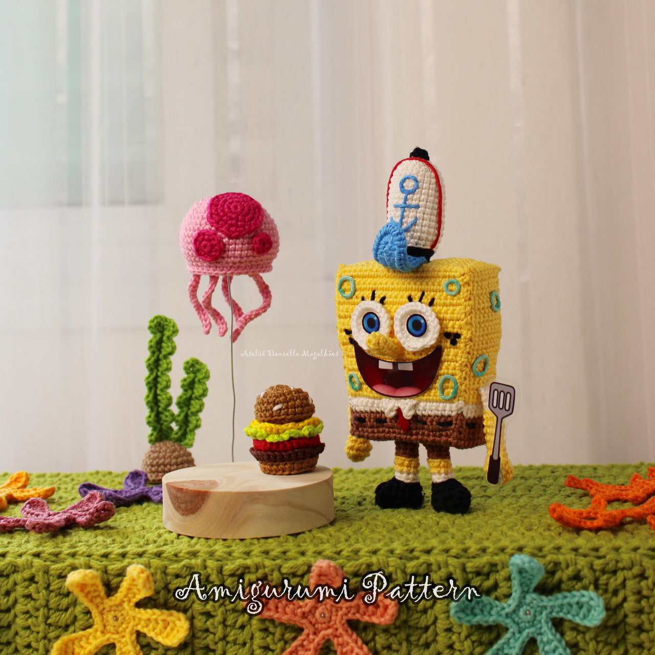 Bubbly Square Buddy – Chibi Amigurumi Crochet Pattern (Chef Hat, Mini Burger, Jellyfish & Spatula)