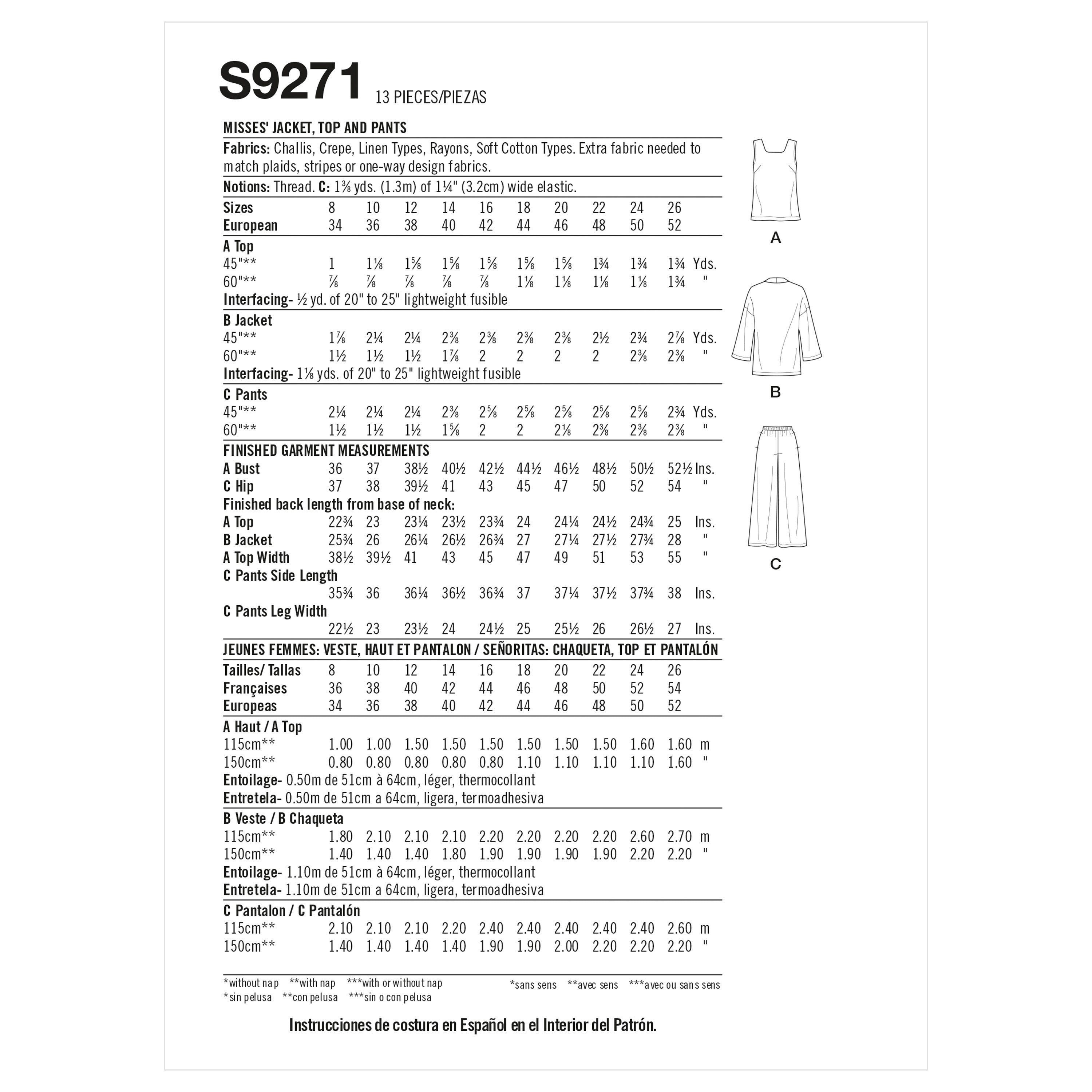 Simplicity Misses' Jacket, Top & Pants S9271 - Sewing Pattern