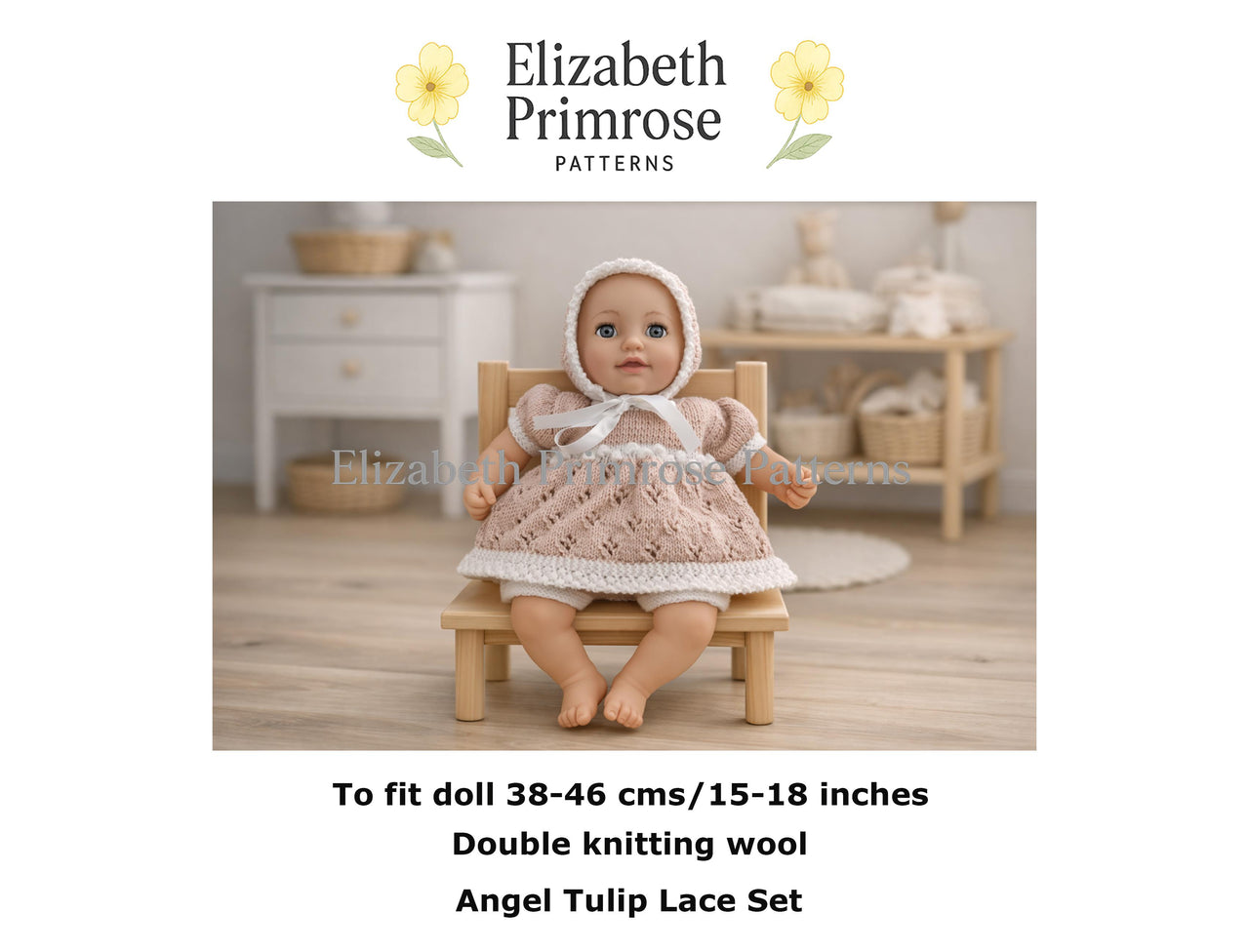 Angel Tulip Lace Set Knitting Pattern | P35 | Dolls Clothes | Elizabeth Primrose Patterns