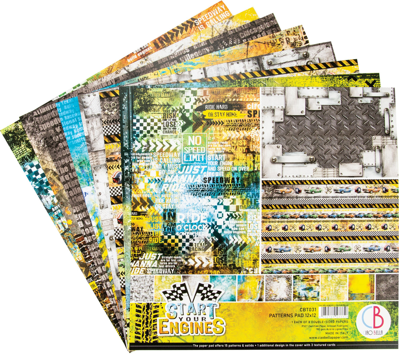 Ciao Bella Double-Sided Paper Pack 90lb 12"X12" 8/Pkg - Start Your Engines, 8 Designs/1 Each