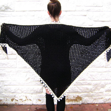Midnight Granny Shawl with Pom Pom Fringe
