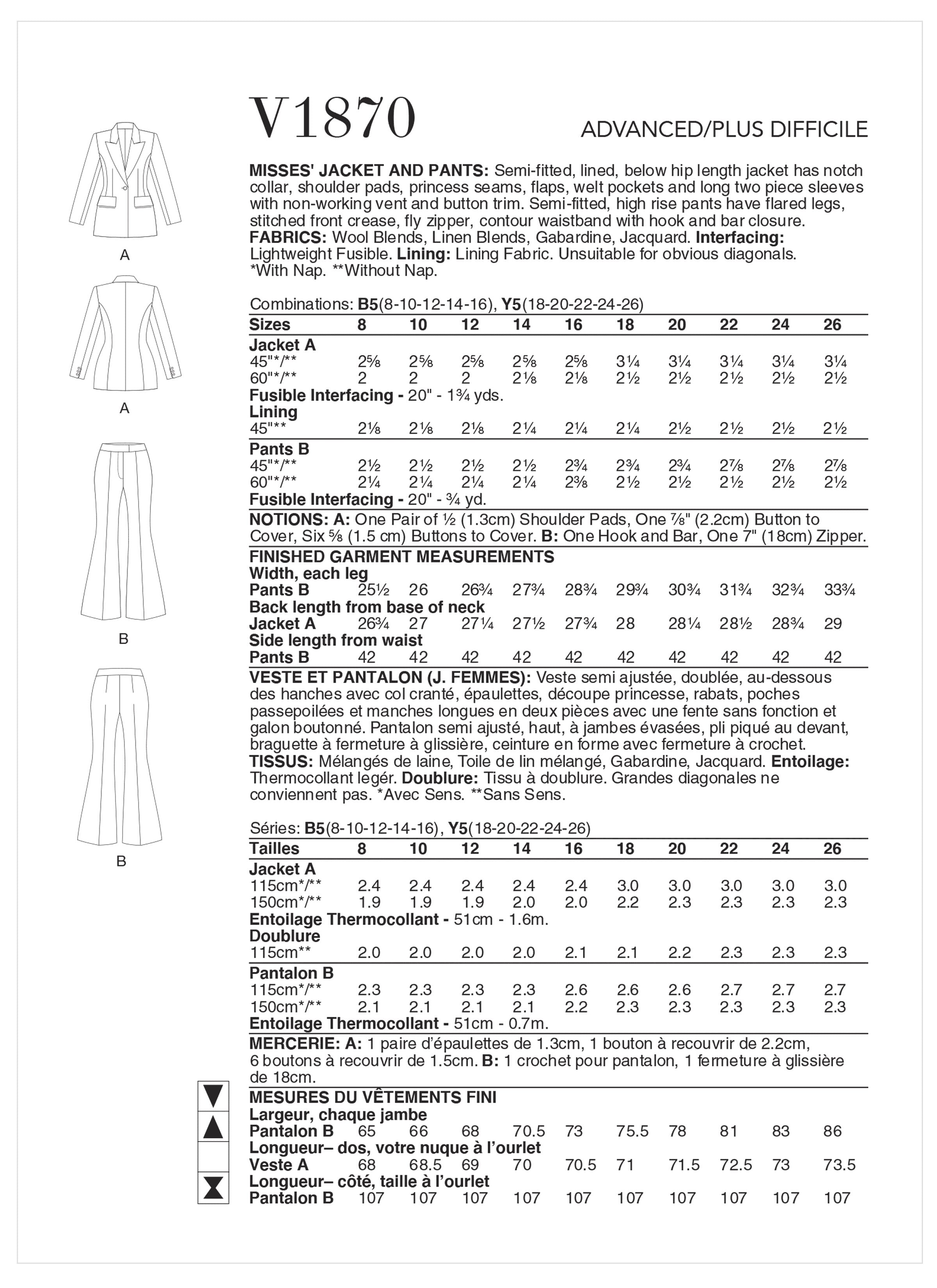 Vogue Misses' Jacket and Pants V1870 - Sewing Pattern