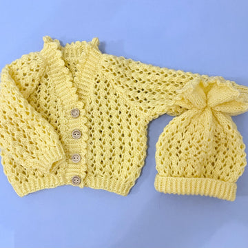 Frilly Edge V-Neck Baby Cardigan and Hat