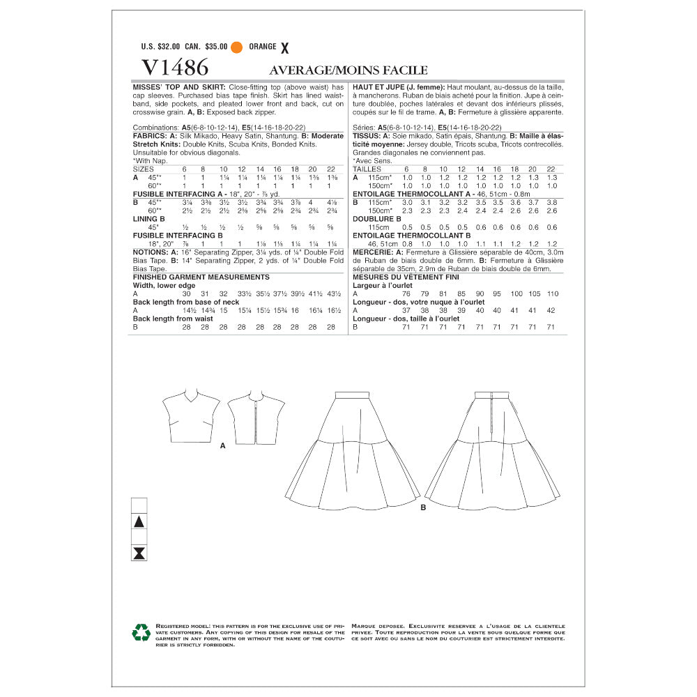 Vogue Misses' Crop Top and Flared Yoke Skirt V1486 - Sewing Pattern