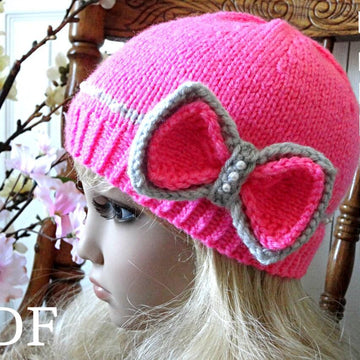 Knitting PATTERN Hat Knitted Girls Beanie Women Hat with Bow
