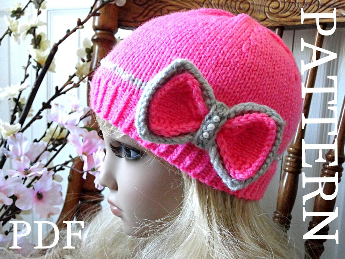 Knitting PATTERN Hat Knitted Girls Beanie Women Hat with Bow