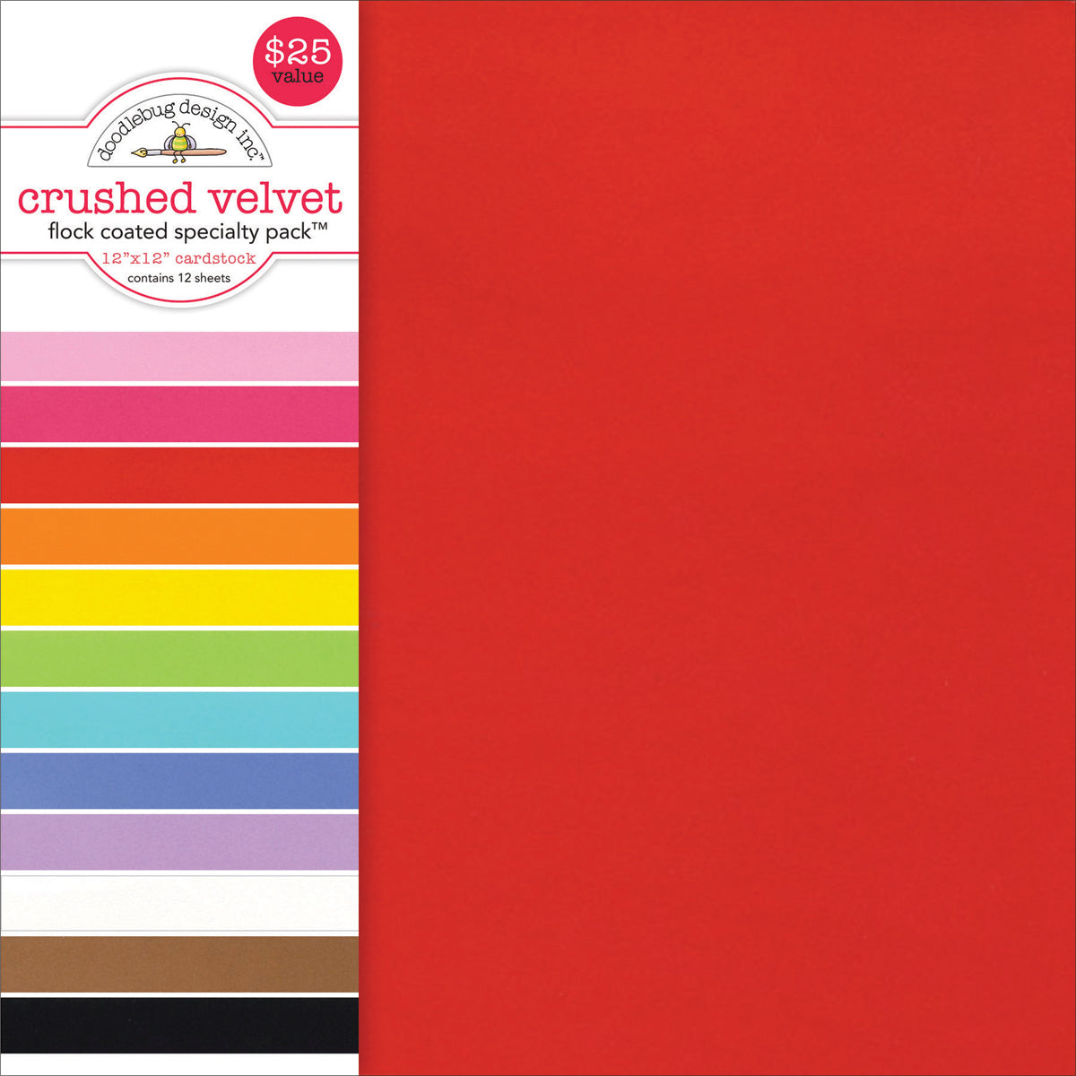Doodlebug Single-Sided Specialty Cardstock Pack 12"X12" 12/P - Flocked Crushed Velvet, 12 Colors/1 Each
