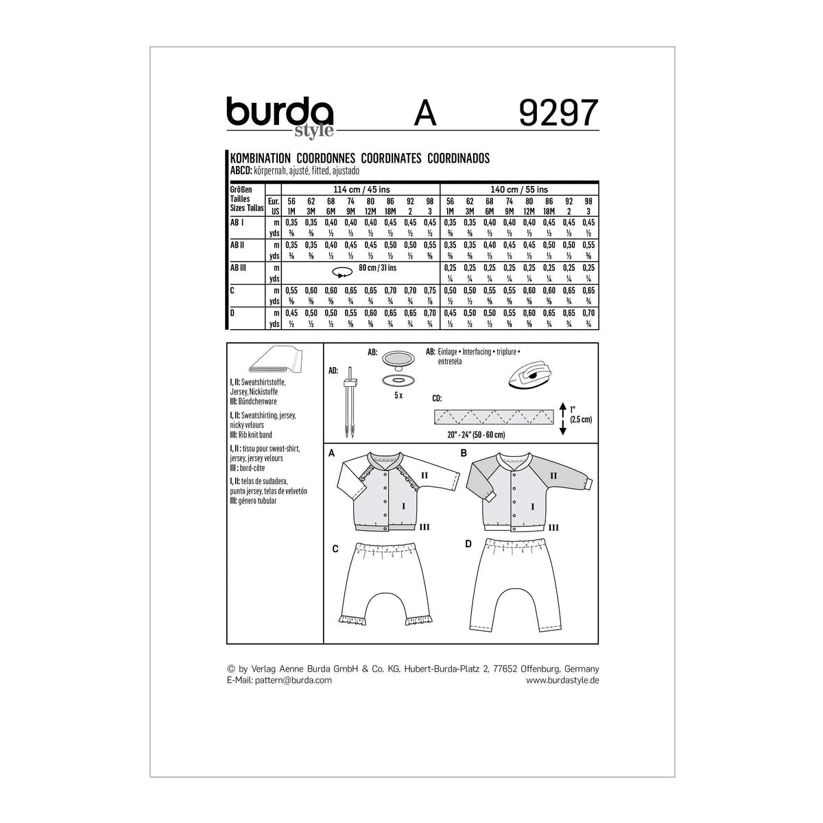 Burda Style Babies' Sweatjacket – Raglan Sleeve Jacket with Stand Collar – Pull-on Trousers/Pants 9297 - Paper Pattern, Size 1M - 3