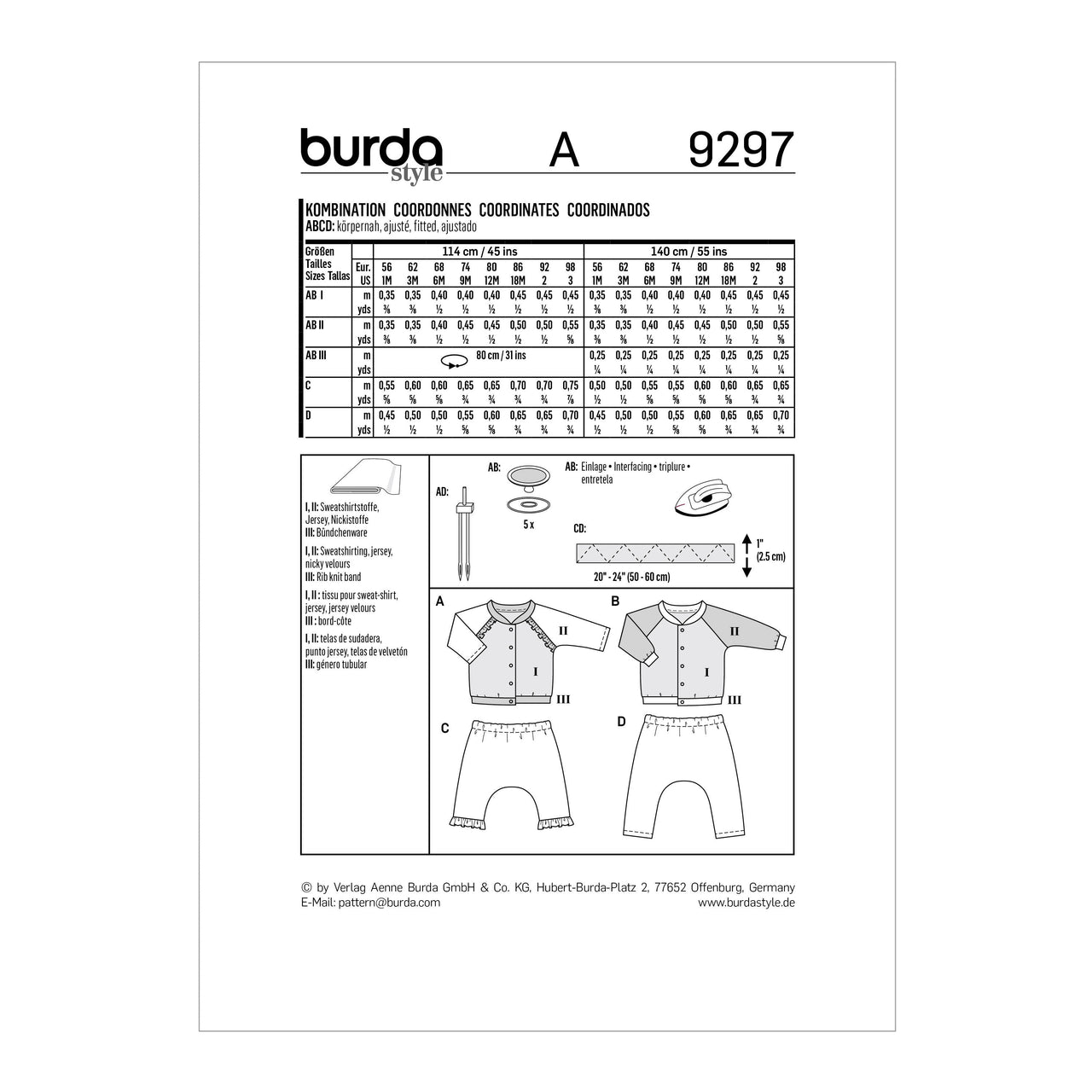 Burda Style Babies' Sweatjacket – Raglan Sleeve Jacket with Stand Collar – Pull-on Trousers/Pants 9297 - Paper Pattern, Size 1M - 3