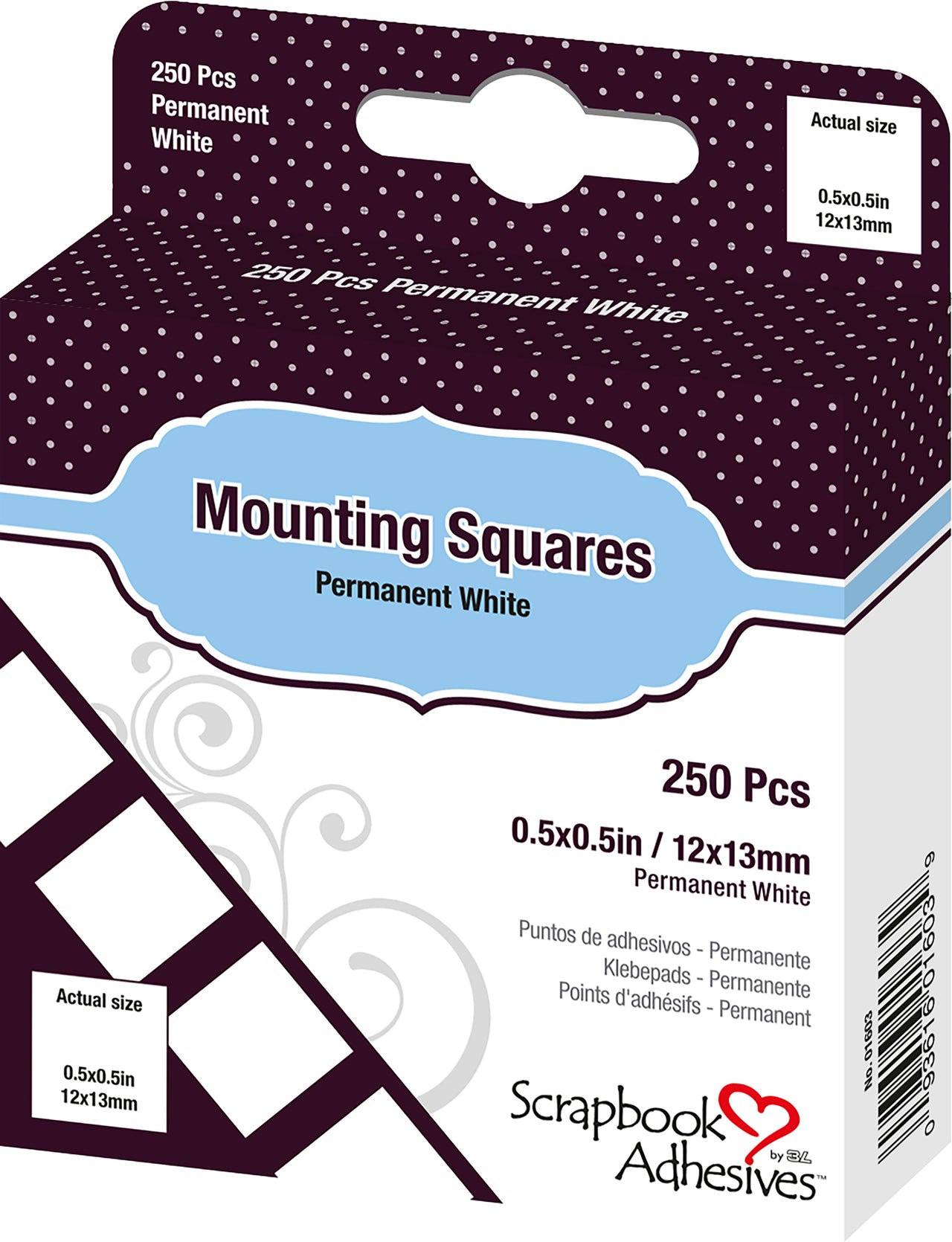 3L Scrapbook Adhesives Mounting Squares 250/Pkg - Permanent, White, .5"X.5"