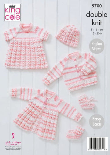 Matinee Coat, Top, Cardigan, Hat and Bootees in King Cole Baby Stripe DK - 5700 - Leaflet