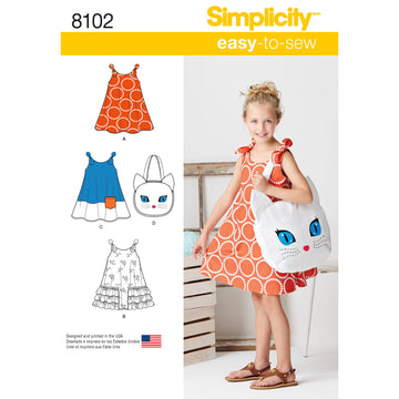 Simplicity Child's Easy-to-Sew Sundress and Kitty Tote 8102 - Paper Pattern, Size A (3-4-5-6-7-8)