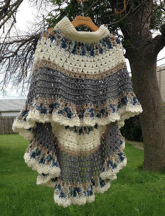 Blue Long Circular Asymmetric Poncho Shawl