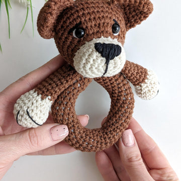 Crochet dog pattern, baby rattle dog amigurumi pattern, crochet baby gift idea