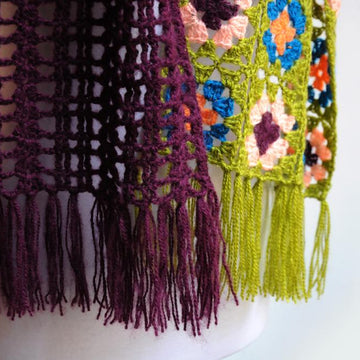 Farfallina patchwork crochet scarf with fringe