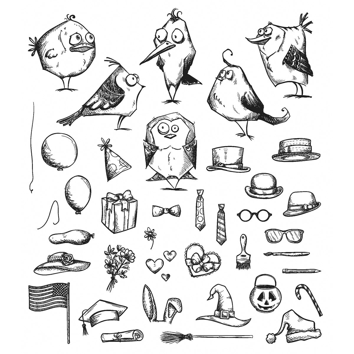 Stampers Anonymous Tim Holtz Cling Stamps 7"X8.5" - Mini Bird Crazy & Things
