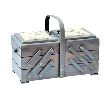 Large Cantilever Sewing Box With Fabric Pin Cushion Lids - Antique Grey