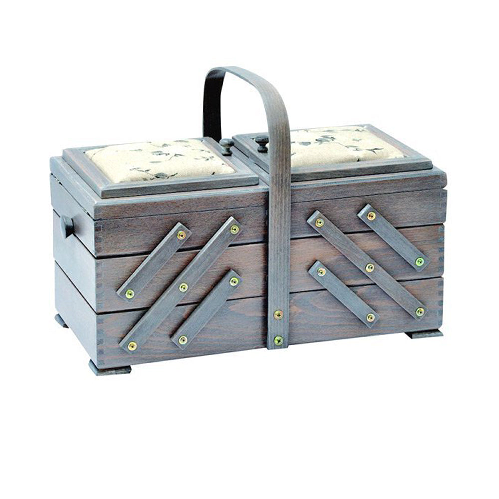 Large Cantilever Sewing Box With Fabric Pin Cushion Lids - Antique Grey