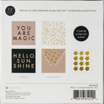 Kaisercraft Kaiser Style Cards W/Envelopes 5.25"X5.25" 12/Pkg - Rosy W/Gold Foil Accents