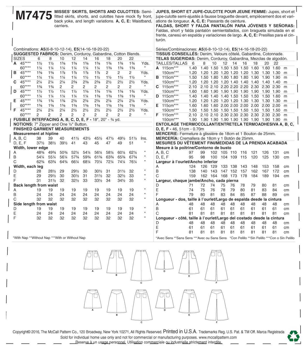 McCall's Misses' Flared Skirts, Shorts and Culottes M7475 - Sewing Pattern