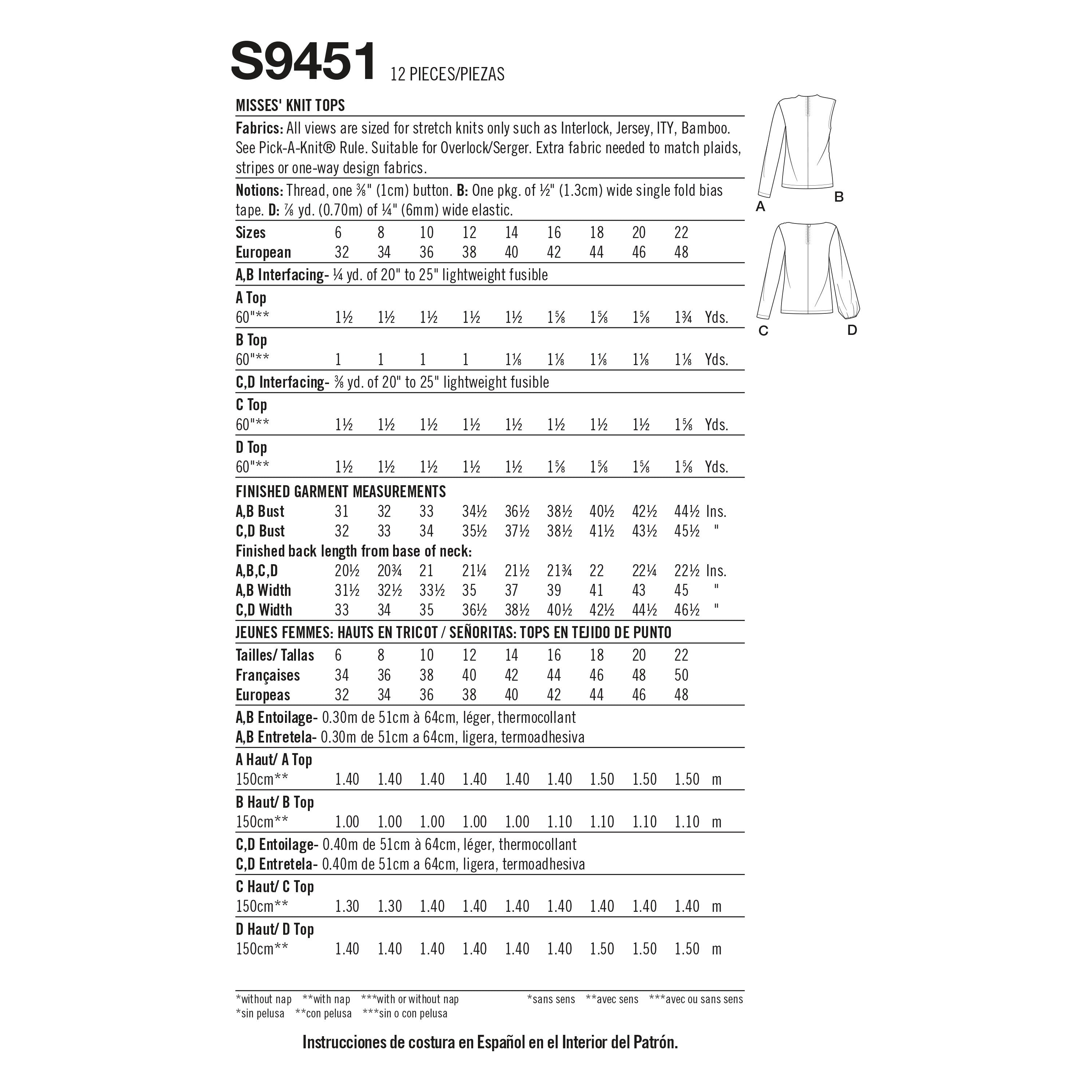 Simplicity Misses' Knit Tops S9451 - Sewing Pattern