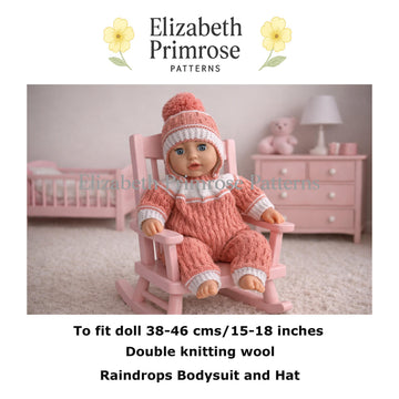 Raindrops Bodysuit and Hat Knitting Pattern for 38–46 cm Dolls – P105 – Elizabeth Primrose Patterns