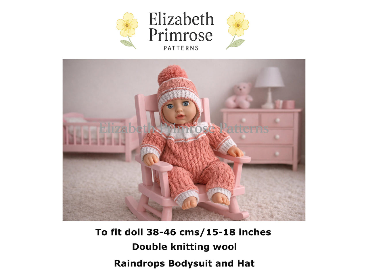 Raindrops Bodysuit and Hat Knitting Pattern for 38–46 cm Dolls – P105 – Elizabeth Primrose Patterns