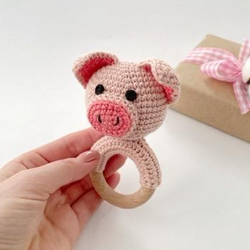 Pig crochet pattern baby rattle toy Amigurumi teether ring