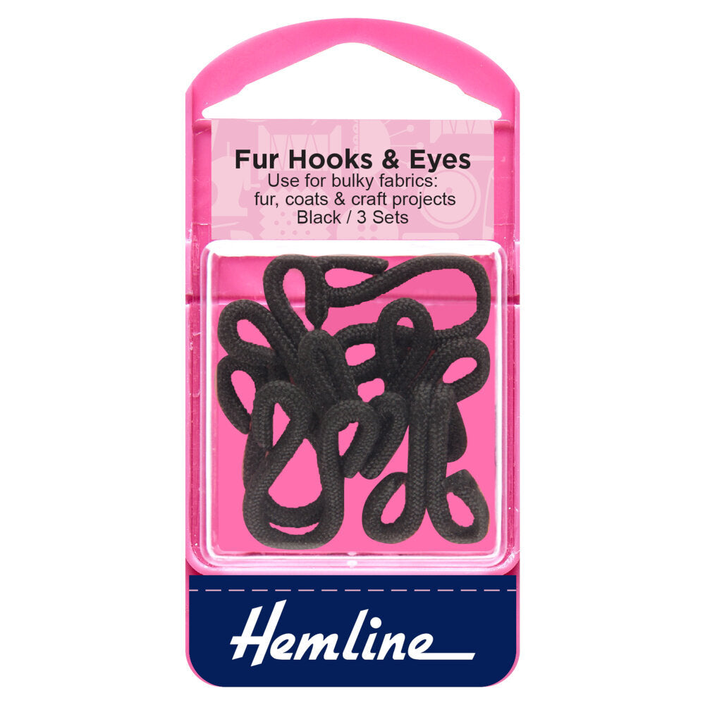 Hemline Fur Hooks and Eyes: Black: Size 3