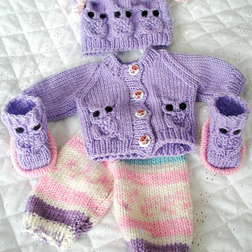 Knitting Pattern for 10&15 inch tall Dolls Owl motif cardigan, leggings,Hat and Boots