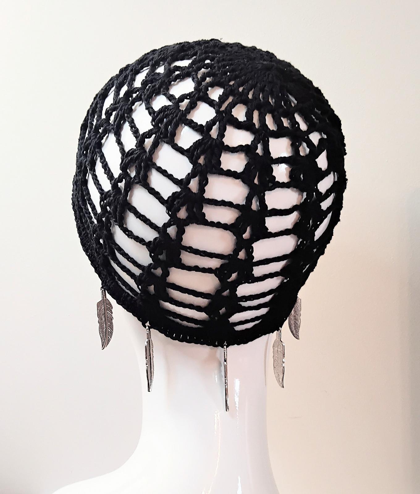 Crochet Mesh Skull Cap with Feather Charms