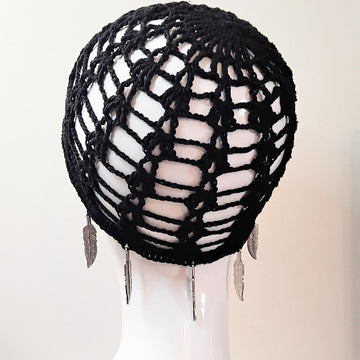 Crochet Mesh Skull Cap with Feather Charms