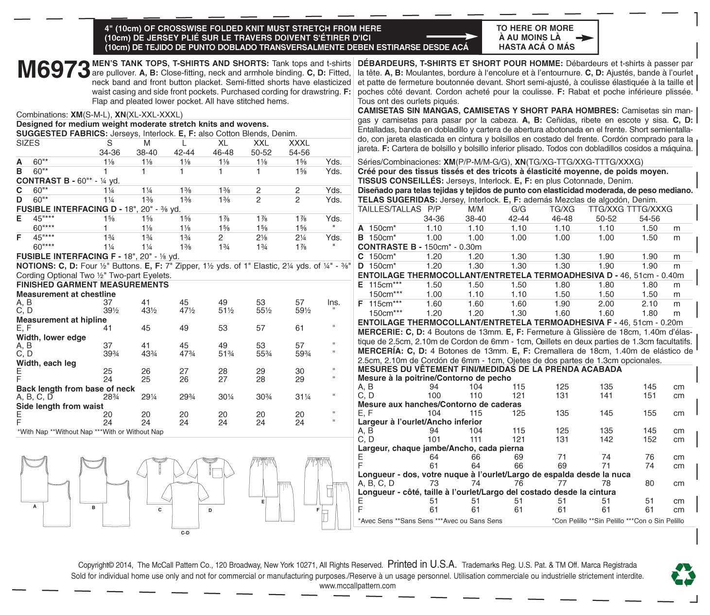 McCall's Men's Tank Tops, T-Shirts and Shorts M6973 - Sewing Pattern