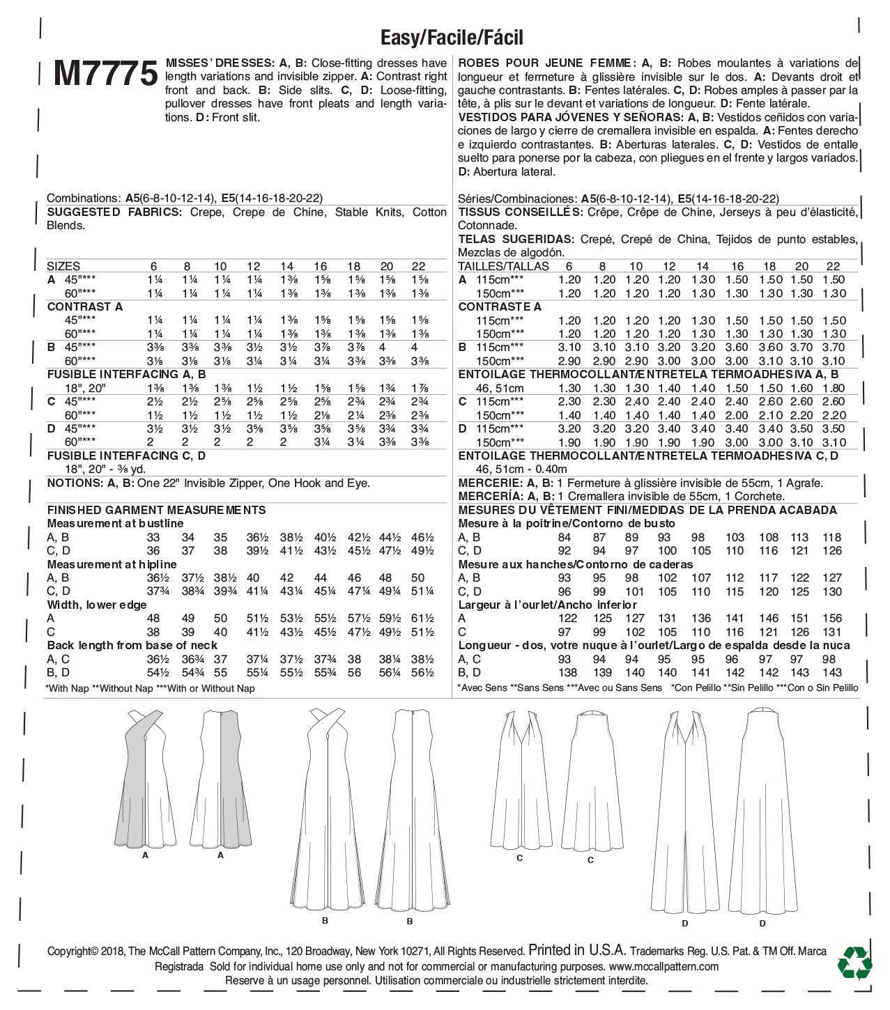 McCall's Misses' Dresses M7775 - Sewing Pattern
